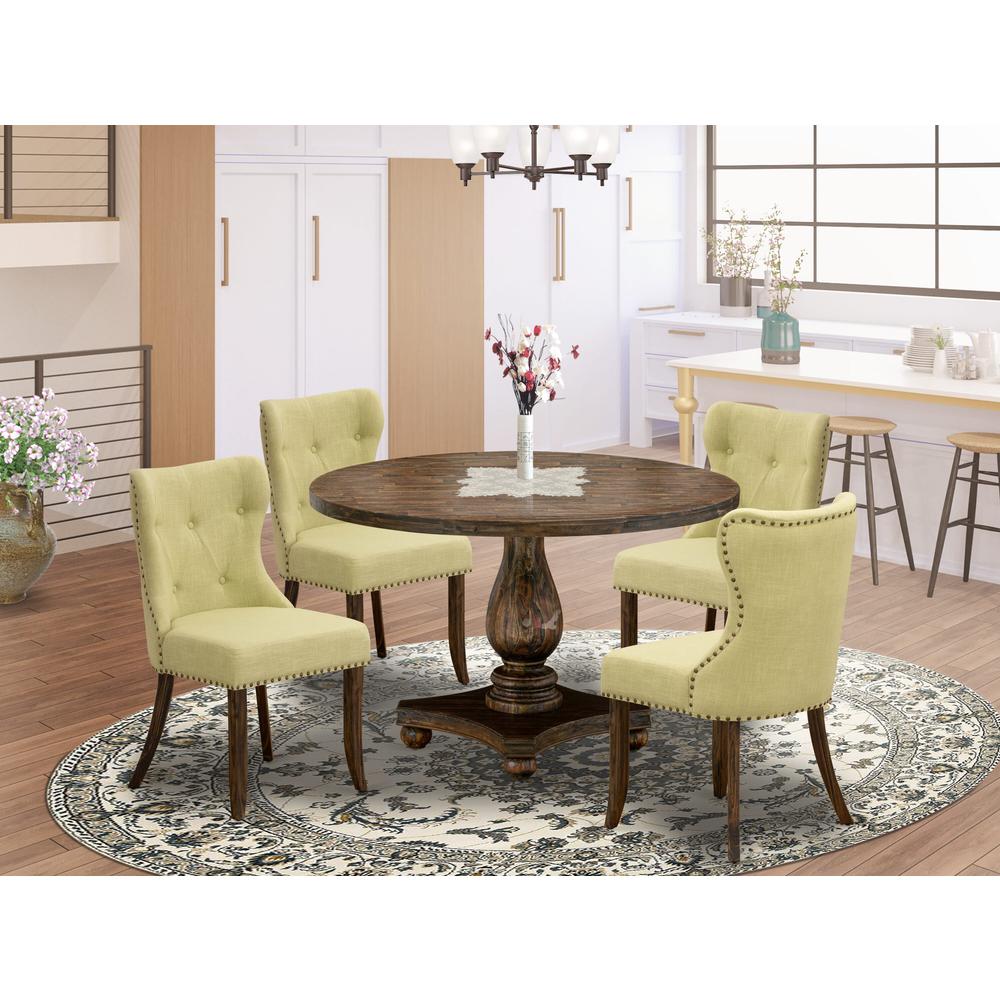 East West Furniture 5-Pc Mid Century Dining Set - Modern Kitchen Table and 4 Limelight Color Parson Chairs with Button Tufted Back - Distressed Jacobean Finish. Picture 2