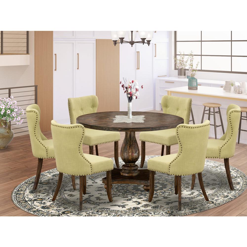 East West Furniture 7-Pc Dining Set - Wood Dining Table and 6 Limelight Color Parson Kitchen Chairs with Button Tufted Back - Distressed Jacobean Finish. Picture 2