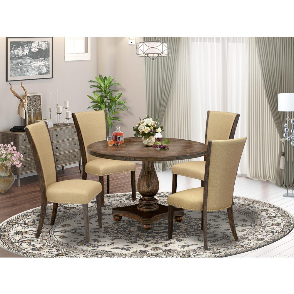 East West Furniture 5-Pc Dining Room Set - Round Dinner Table and 4 Brown Color Parson Dining Room Chairs with High Back - Distressed Jacobean Finish. Picture 2
