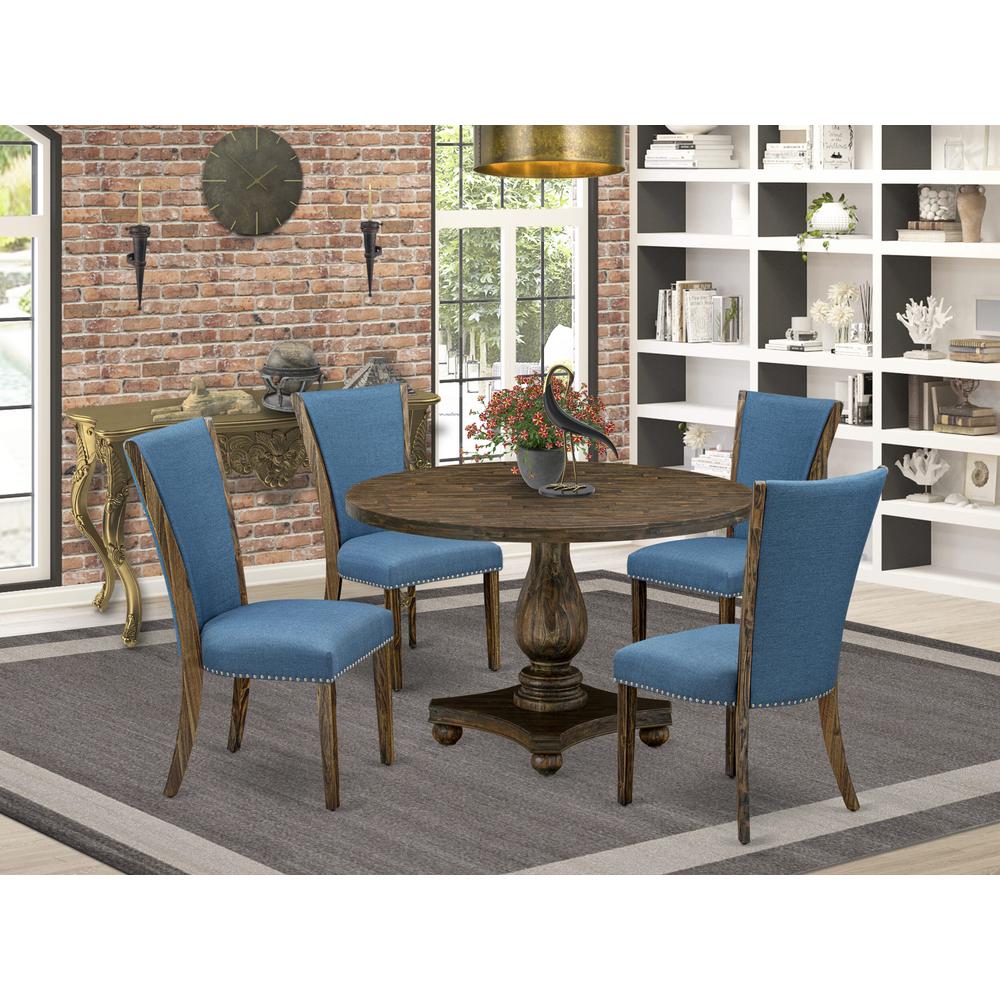 East West Furniture 5-Pc Dinette Set - Dining Table and 4 Blue Color Parson Modern Chairs with High Back - Distressed Jacobean Finish. Picture 2