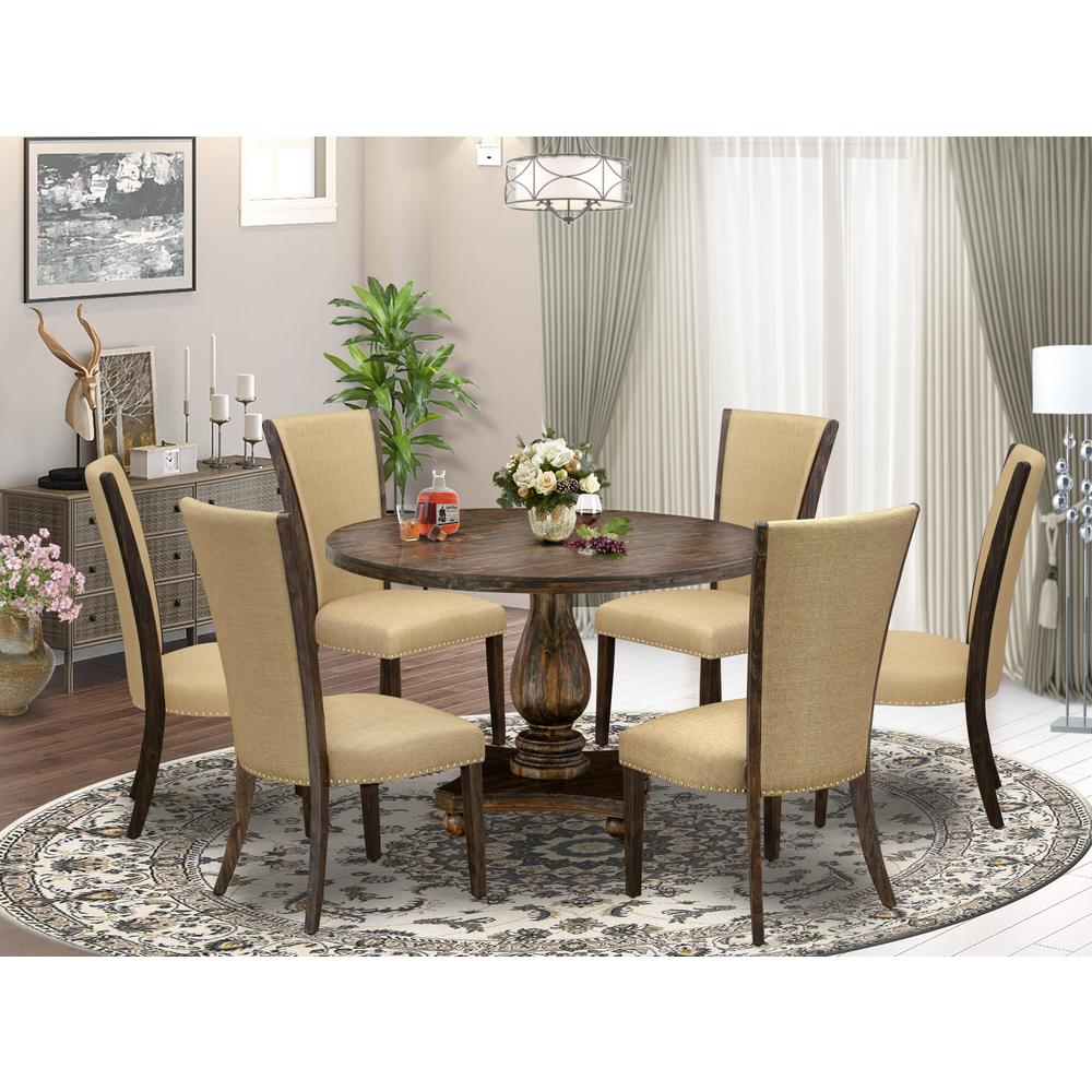 East West Furniture 7-Pc Kitchen Table Set - Dinning Table and 6 Brown Color Parson Dining Room Chairs with High Back - Distressed Jacobean Finish. Picture 2
