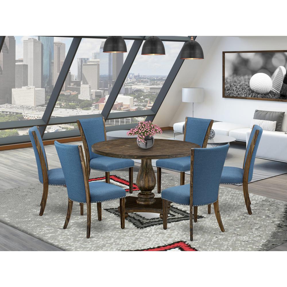 East West Furniture 7-Piece Dining Table Set - Dining Room Table and 6 Blue Color Parson Modern Kitchen Chairs with High Back - Distressed Jacobean Finish. Picture 2