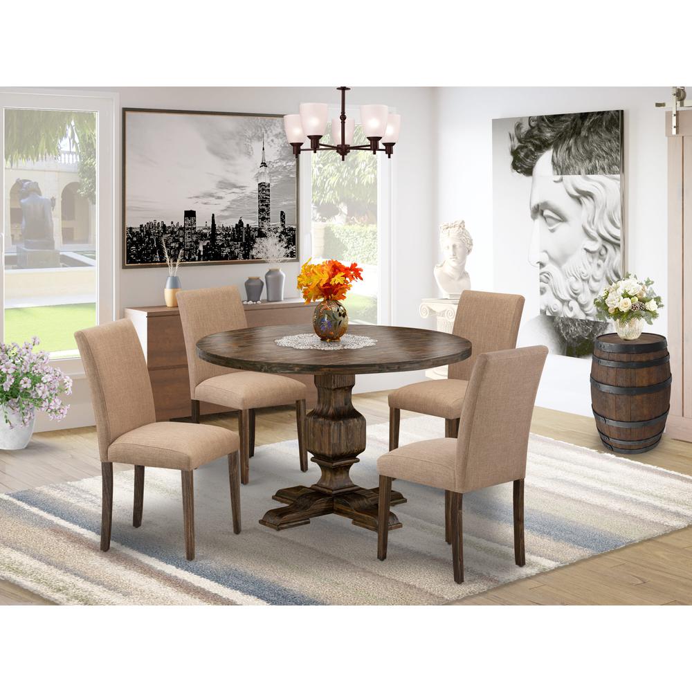 East West Furniture 5 Piece Mid Century Modern Dining Set Includes a Dining Table and 4 Light Sable Linen Fabric Dining Chairs with High Back - Distressed Jacobean Finish. Picture 2