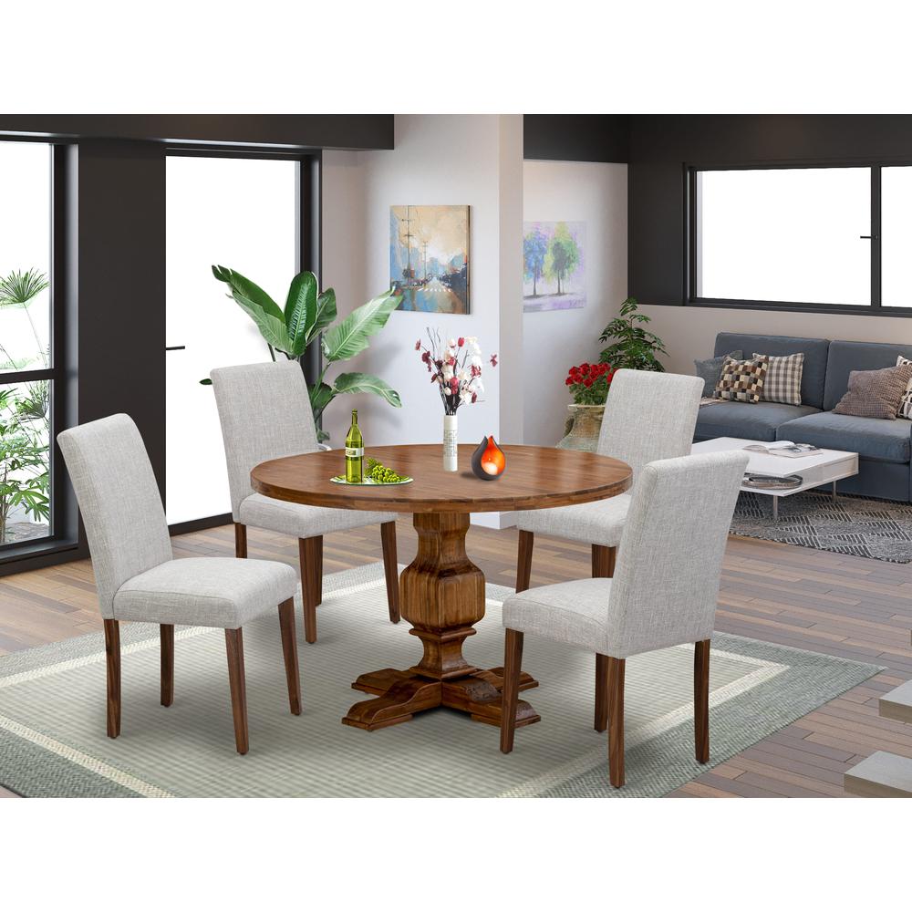 East West Furniture 5-Pc Dining Set - Modern Kitchen Table and 4 Doeskin Color Parson Dining Chairs with High Back - Antique Walnut Finish. Picture 2