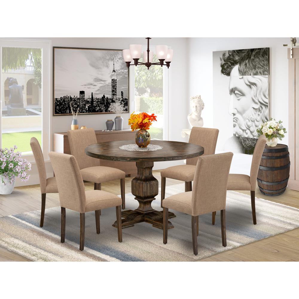 East West Furniture 7 Piece Table Set Includes a Dining Room Table and 6 Light Sable Linen Fabric Mid Century Modern Chairs with High Back - Distressed Jacobean Finish. Picture 2