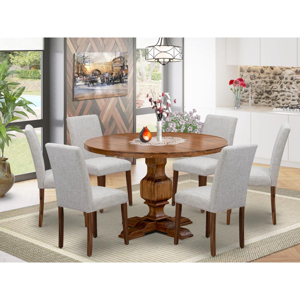 East West Furniture 7-Piece Modern Dining Set - Dinner Table and 6 Doeskin Color Parson Chairs with High Back - Antique Walnut Finish. Picture 2