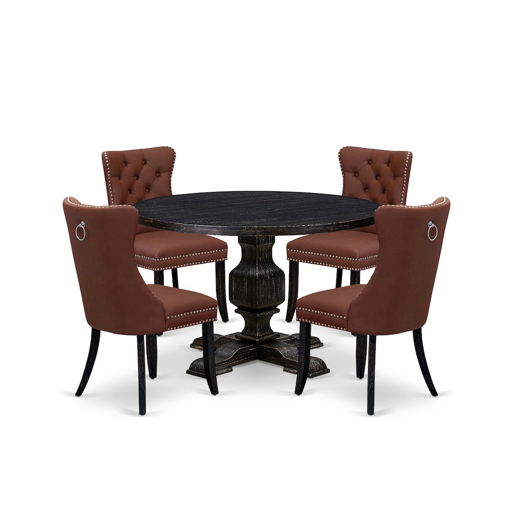 5 Piece Dining Table Set Contains 48" Round Table In Burgandy Color. Picture 1