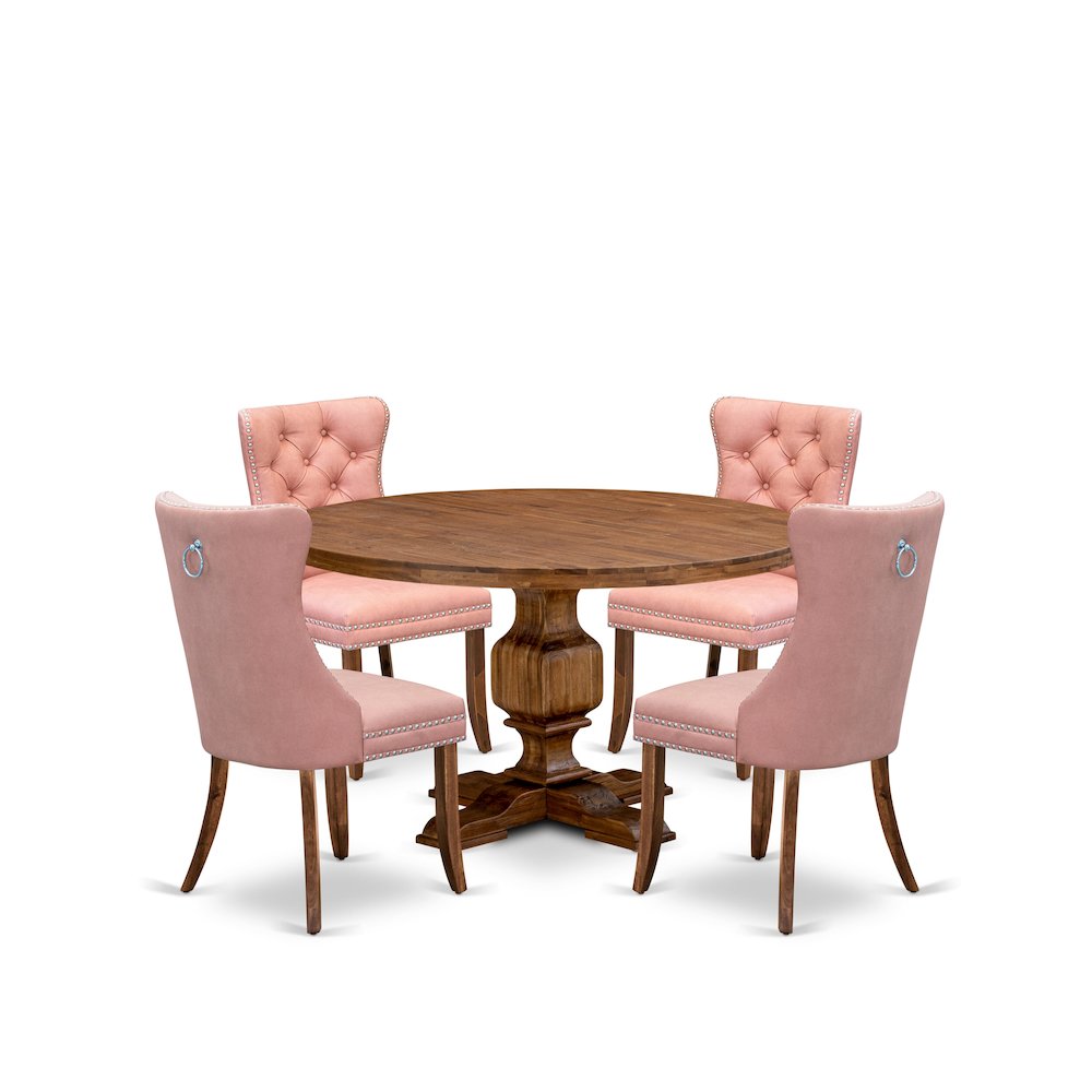 5-Pc Mid Century Modern Dining Set Include A Round Table And 4 Beige Red Chairs. Picture 1