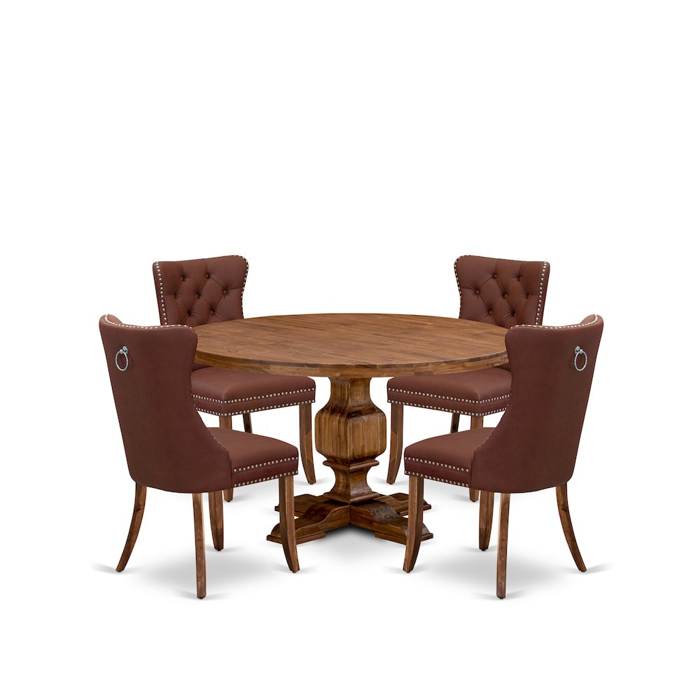 5-Pc Dinner Table Set Include A Round Table And 4 Burgundy Upholstered Chairs. Picture 1