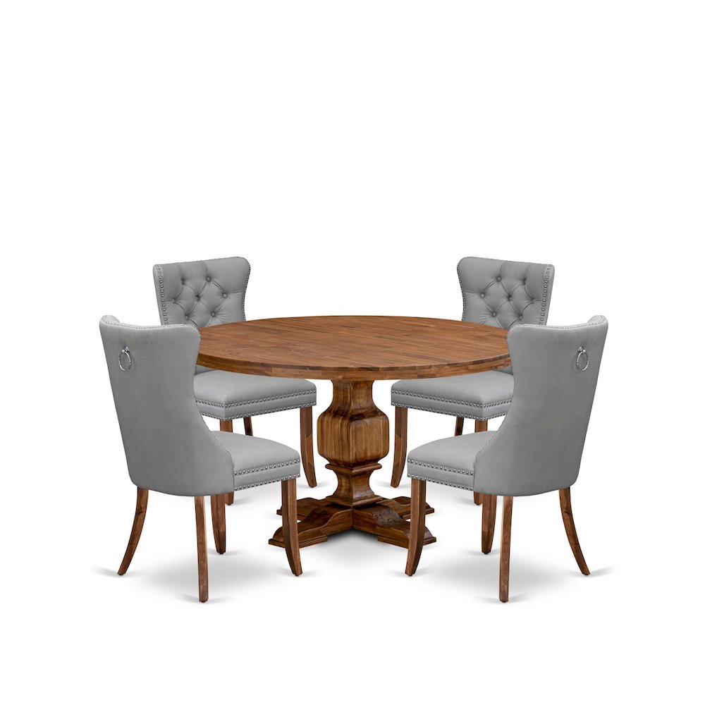 5-Pc Dining Set Include A Round Dining Table And 4 Light Gray Padded Chairs. Picture 1