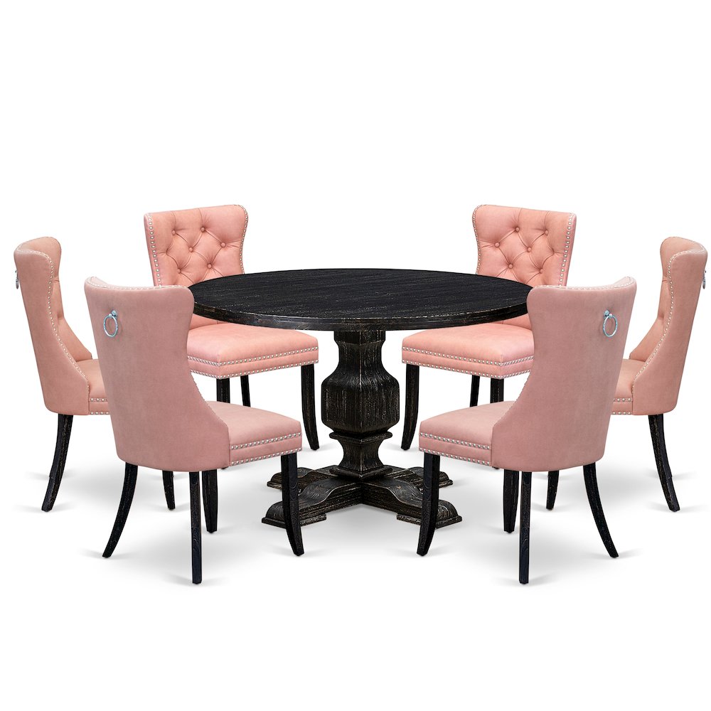 7 Piece Dining Set Includes 48" Round Kitchen Table In Beige Red Color. Picture 1