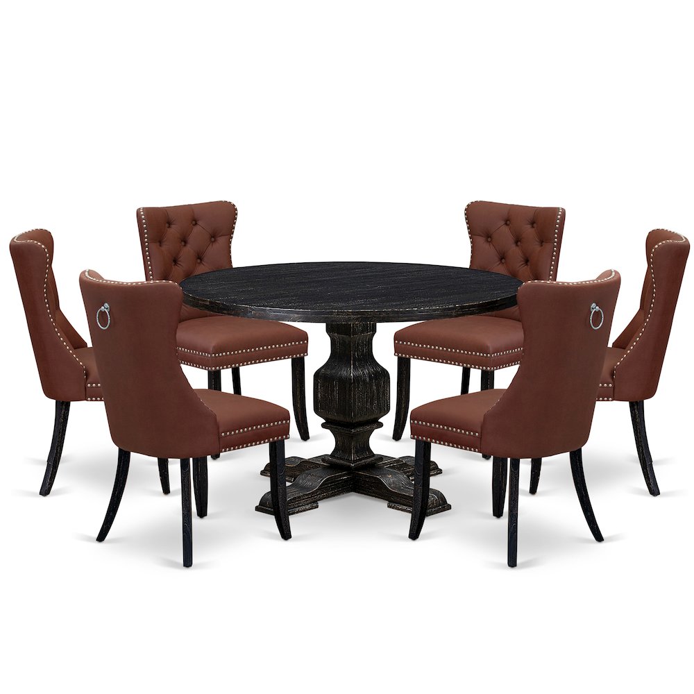 7 Piece Dining Table Set Includes 48" Round Table In Burgandy Color. Picture 1