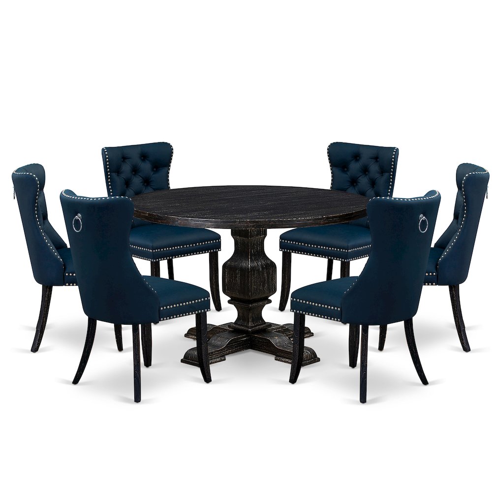 7 Piece Dining Table Set Includes 48" Round Table In Navy Blue Color. Picture 1