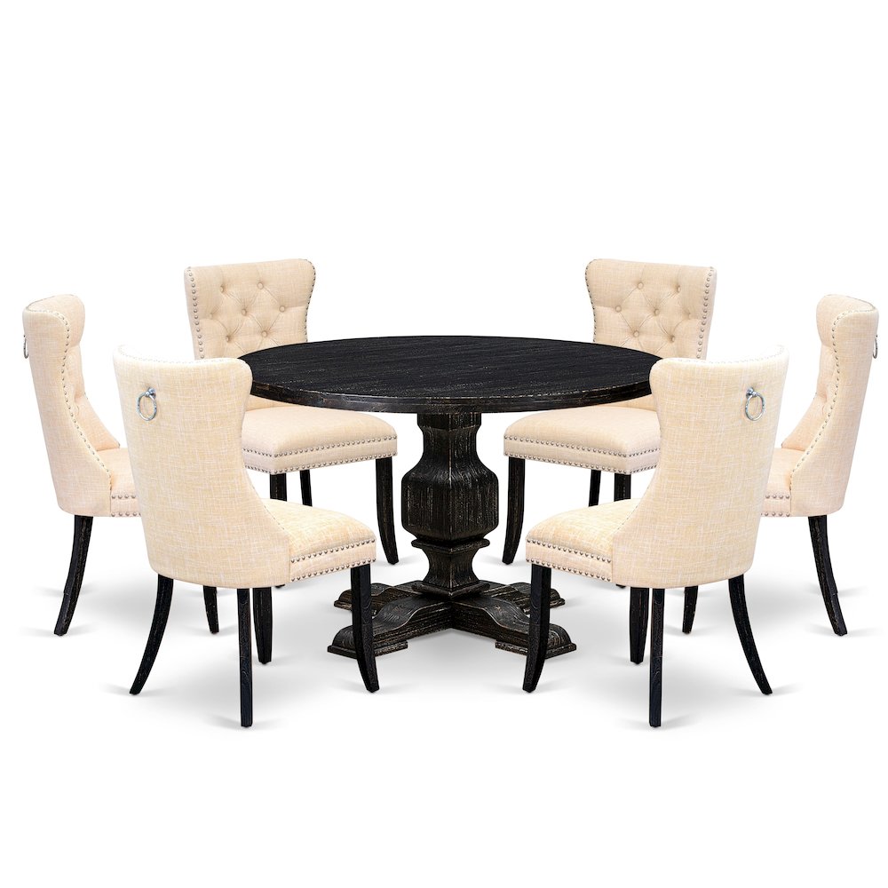 7-Piece Kitchen Set Of A Wood Table, 6 Light Beige Linen Fabric Dinner Chairs. Picture 1