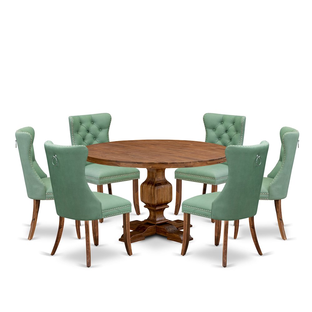 7-Pc Dining Set Consist A Mid Century Table, 6 Willow Green Upholstered Chairs. Picture 1
