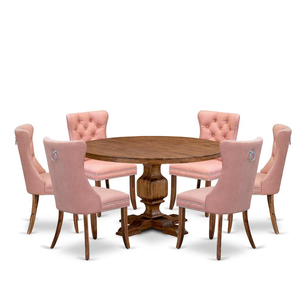 7-Pc Kitchen Dining Table Set Consist A Mid Century Table And 6 Beige Red Chairs. Picture 1