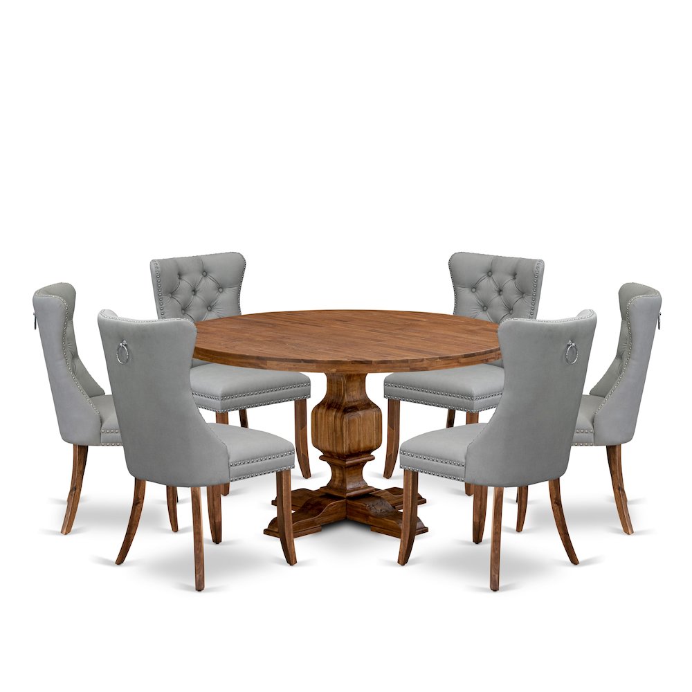 7-Pc Dining Set Consist A Mid Century Table And 6 Light Gray Upholstered Chairs. Picture 1