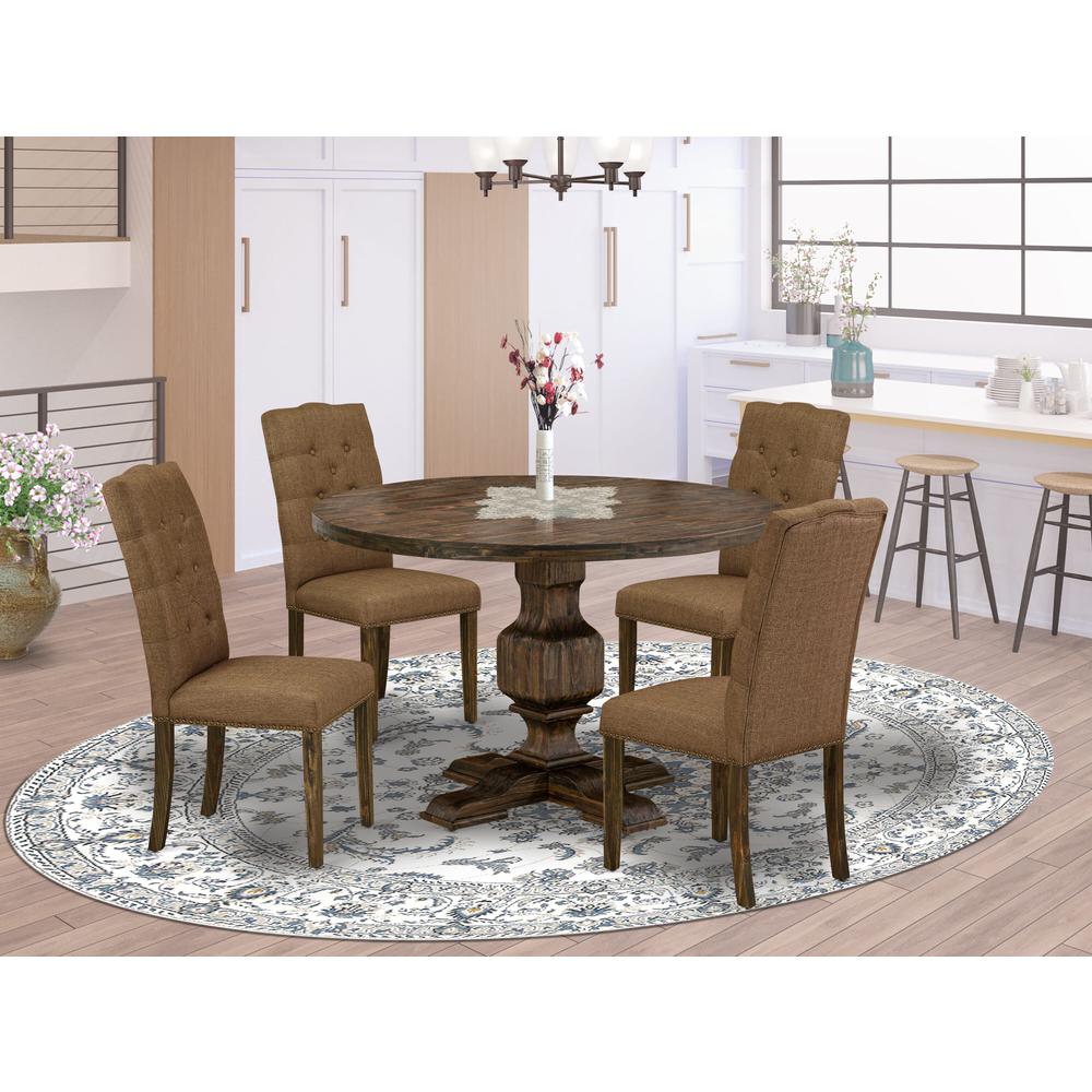 East West Furniture 5 Piece Modern Dining Set Consists of a Kitchen Table and 4 Brown Linen Fabric Parson Chairs with Button Tufted Back - Distressed Jacobean Finish. Picture 2