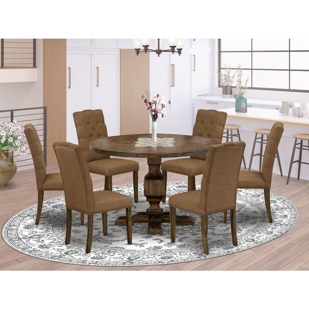 East West Furniture 7 Piece Dining Set Includes a Dining Room Table and 6 Brown Linen Fabric Upholstered Dining Chairs with Button Tufted Back - Distressed Jacobean Finish. Picture 2