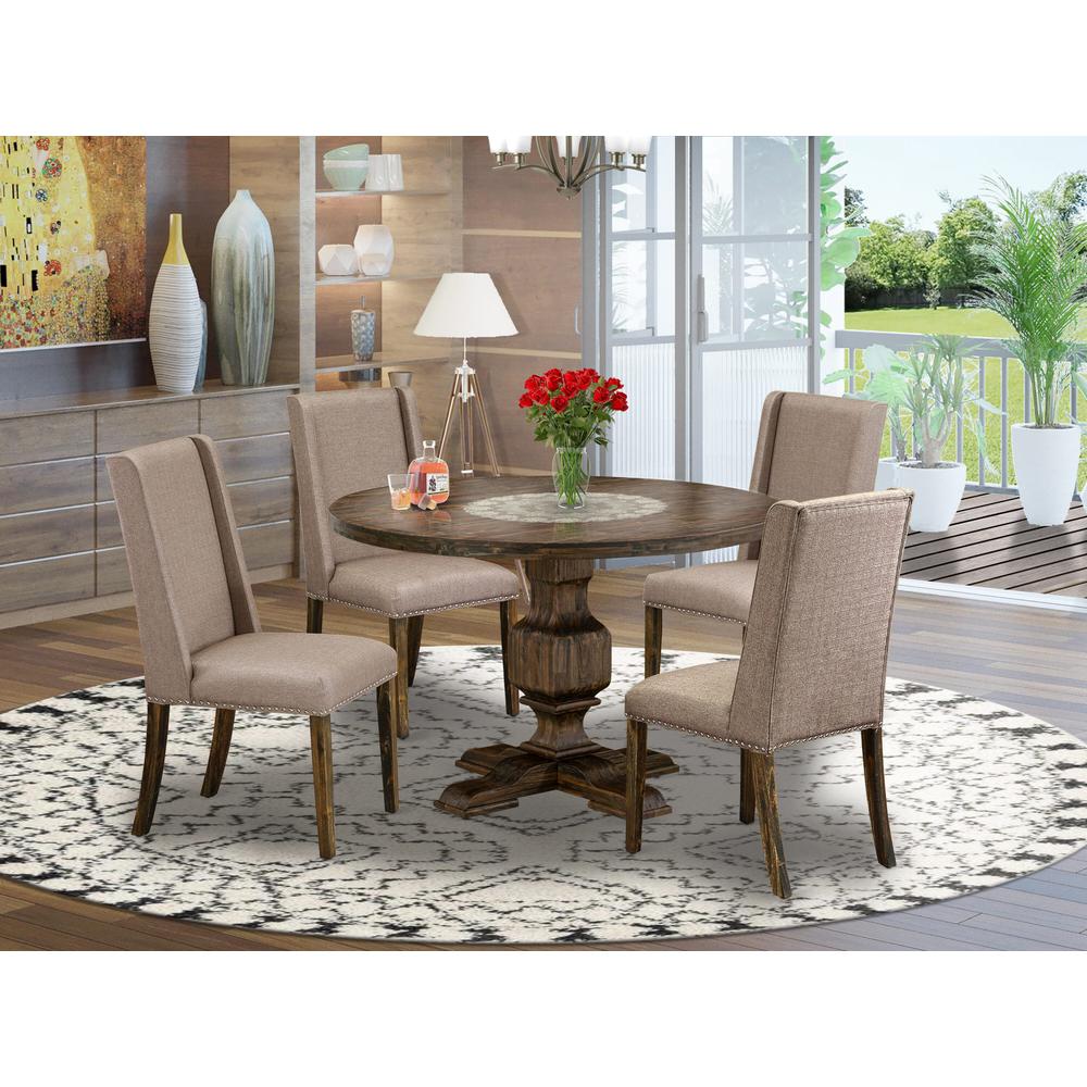 East West Furniture 5 Piece Dining Set Consists of a Mid Century Dining Table and 4 Dark Khaki Linen Fabric Dining Chairs with High Back - Distressed Jacobean Finish. Picture 2