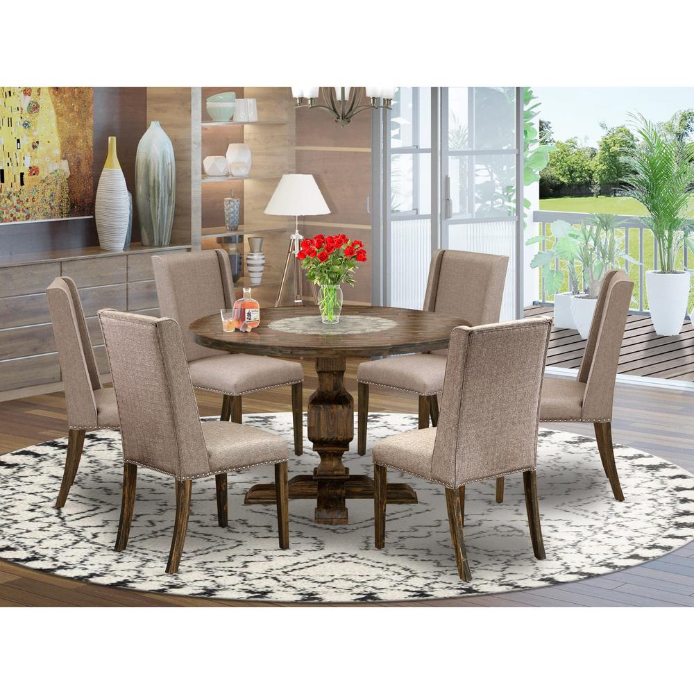 East West Furniture 7 Piece Dining Set Consists of a Wooden Table and 6 Dark Khaki Linen Fabric Upholstered Chairs with High Back - Distressed Jacobean Finish. Picture 2