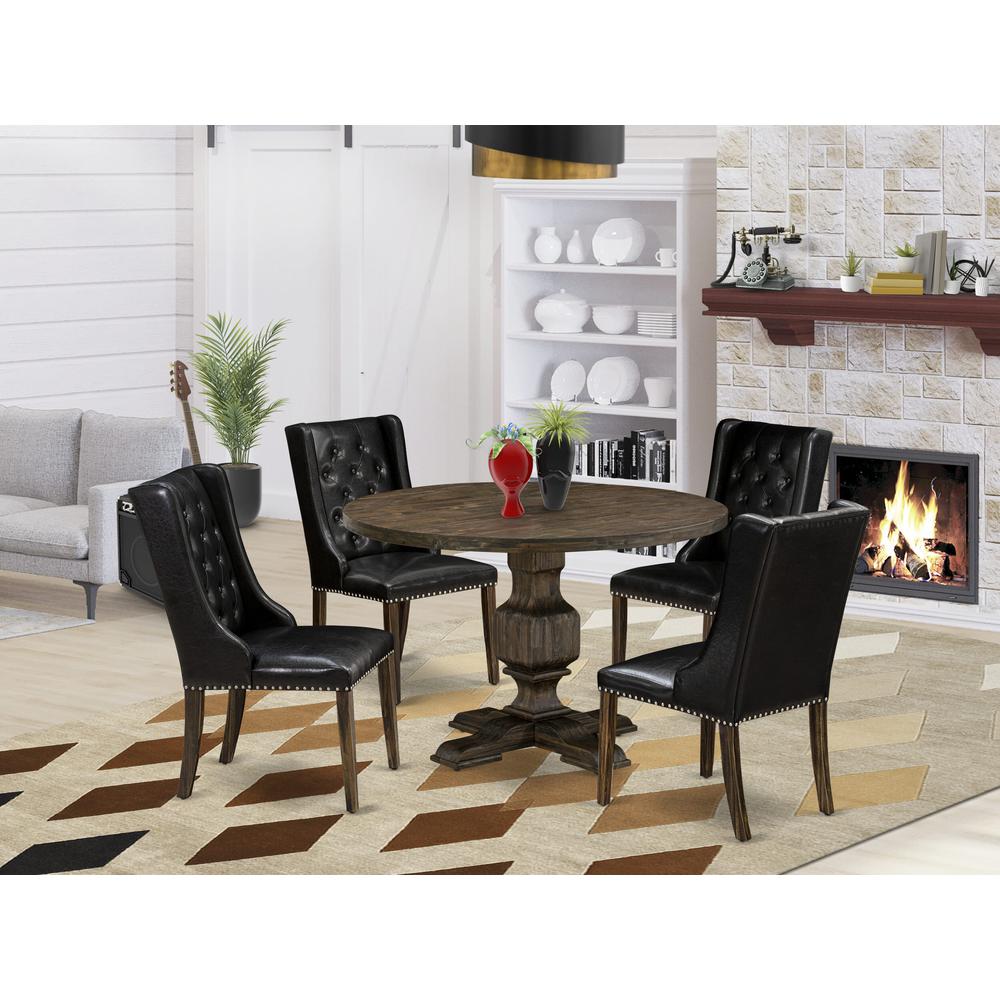 East West Furniture 5 Piece Dining Room Table Set Contains a Wooden Table and 4 Black PU Leather Mid Century Modern Dining Chairs with Button Tufted Back - Distressed Jacobean Finish. Picture 2