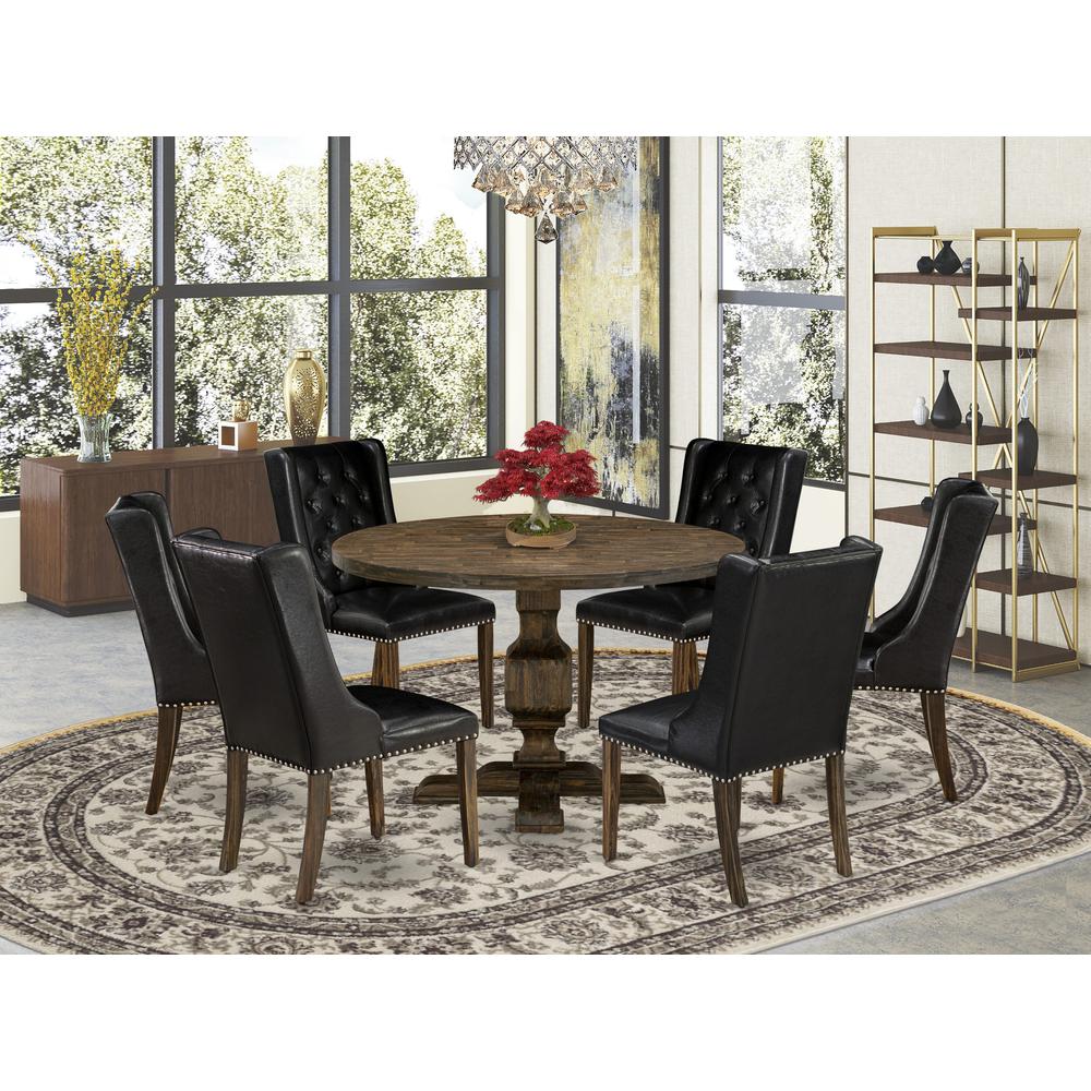 East West Furniture 7 Piece Dining Room Set Includes a Mid Century Modern Dining Table and 6 Black PU Leather Dining Chairs with Button Tufted Back - Distressed Jacobean Finish. Picture 2