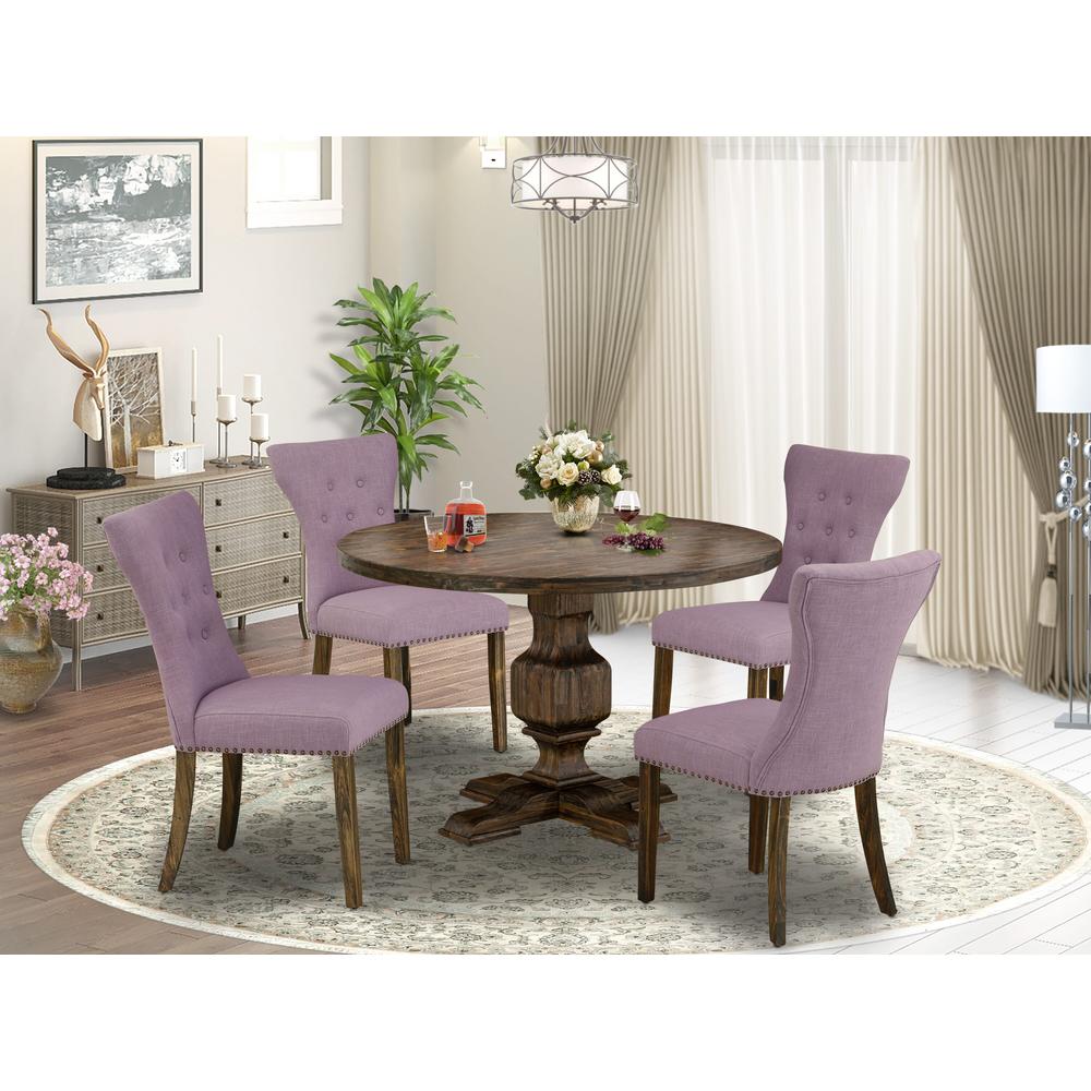 East West Furniture 5 Piece Dining Room Table Set Includes a Dining Room Table and 4 Dahlia Linen Fabric Dining Room Chairs with Button Tufted Back - Distressed Jacobean Finish. Picture 2