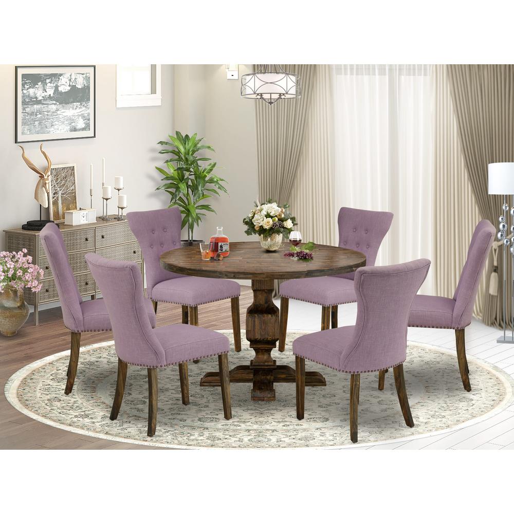 East West Furniture 7 Piece Table Set Consists of a Kitchen Table and 6 Dahlia Linen Fabric Dining Chairs with Button Tufted Back - Distressed Jacobean Finish. Picture 2