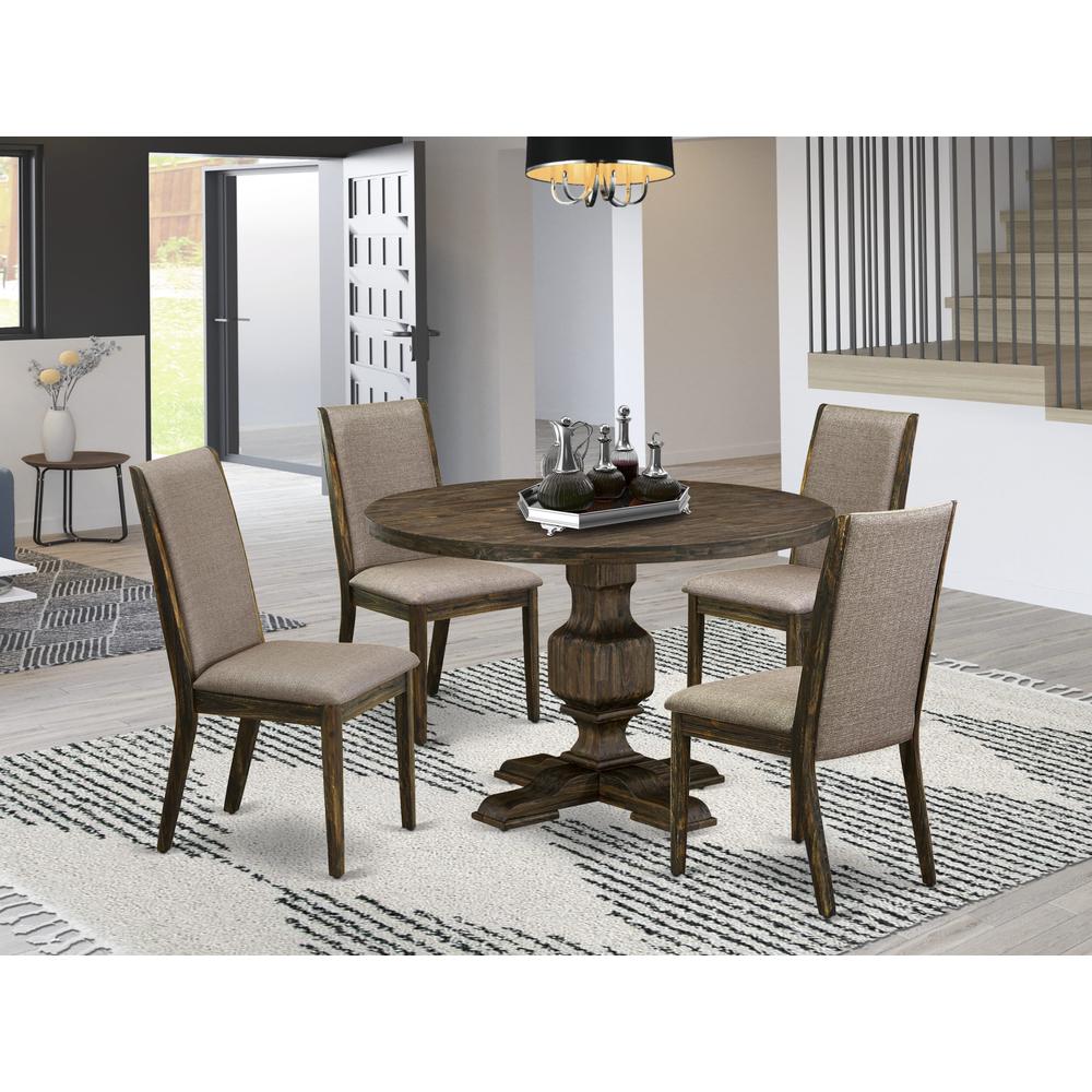 East West Furniture 5 Piece Modern Dining Set Contains a Dinner Table and 4 Dark Khaki Linen Fabric Modern Dining Chairs with High Back - Distressed Jacobean Finish. Picture 2
