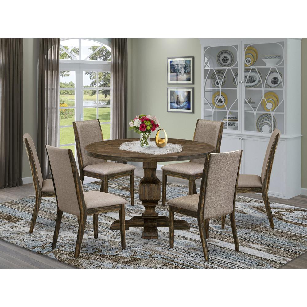 East West Furniture 7 Piece Modern Dining Table Set Contains a Mid Century Dining Table and 6 Dark Khaki Linen Fabric Mid Century Chairs with High Back - Distressed Jacobean Finish. Picture 2