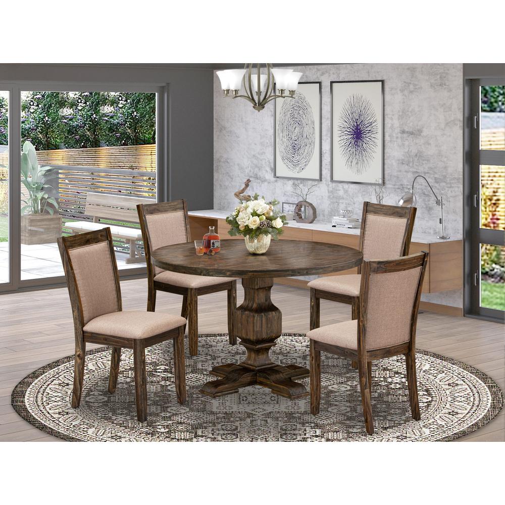 East West Furniture 5 Piece Dining Room Set Includes a Mid Century Dining Table and 4 Dark Khaki Linen Fabric Kitchen Chairs with High Back - Distressed Jacobean Finish. Picture 2