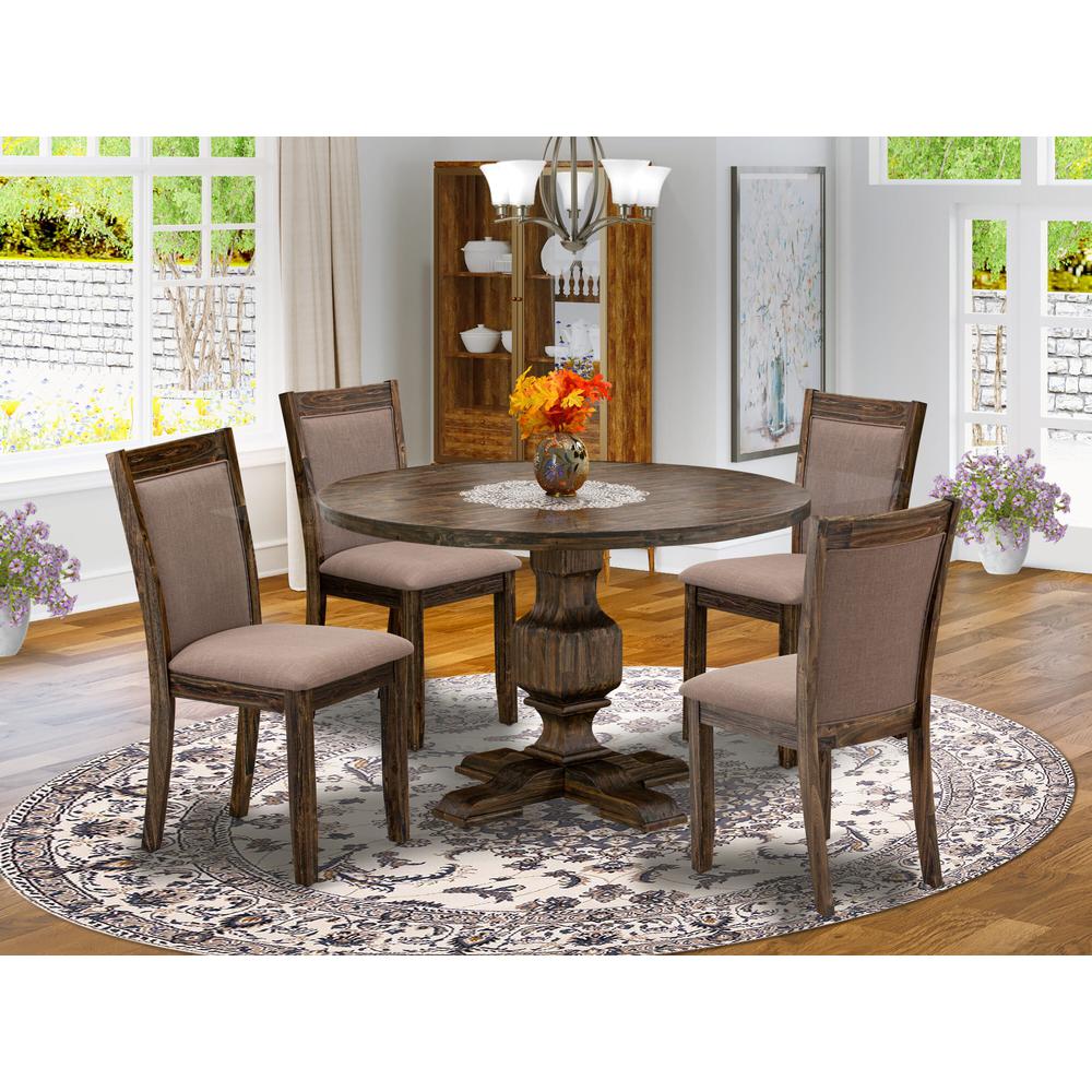 East West Furniture 5-Pc Dining Set - Round Dining Table and 4 Coffee Color Parson Wooden Chairs with High Back - Distressed Jacobean Finish. Picture 2