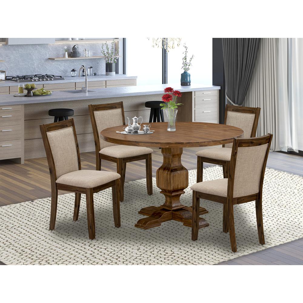 East West Furniture 5-Pc Dinner Table Set - Round Kitchen Table and 4 Light Tan Color Parson Chairs with High Back - Antique Walnut Finish. Picture 2
