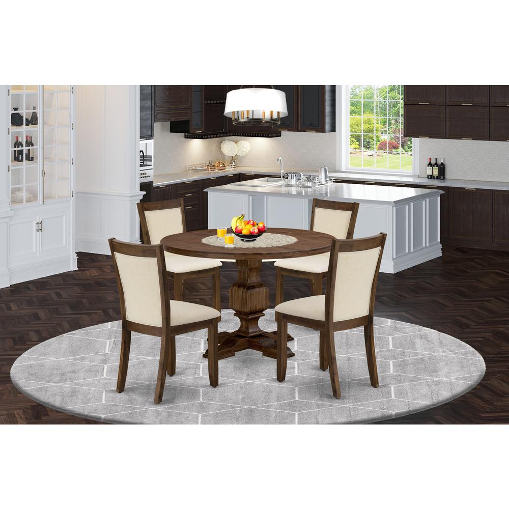East West Furniture 5-Piece Dining Room Set - An Attractive Dining Table and 4 Lovely Light Beige Linen Fabric Wooden Chairs with Stylish High Back (Sand Blasting Antique Walnut Finish). Picture 2