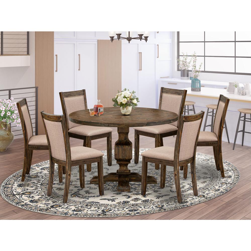 East West Furniture 7 Piece Dinette Set Consists of a Modern Kitchen Table and 6 Dark Khaki Linen Fabric Parson Chairs with High Back - Distressed Jacobean Finish. Picture 2