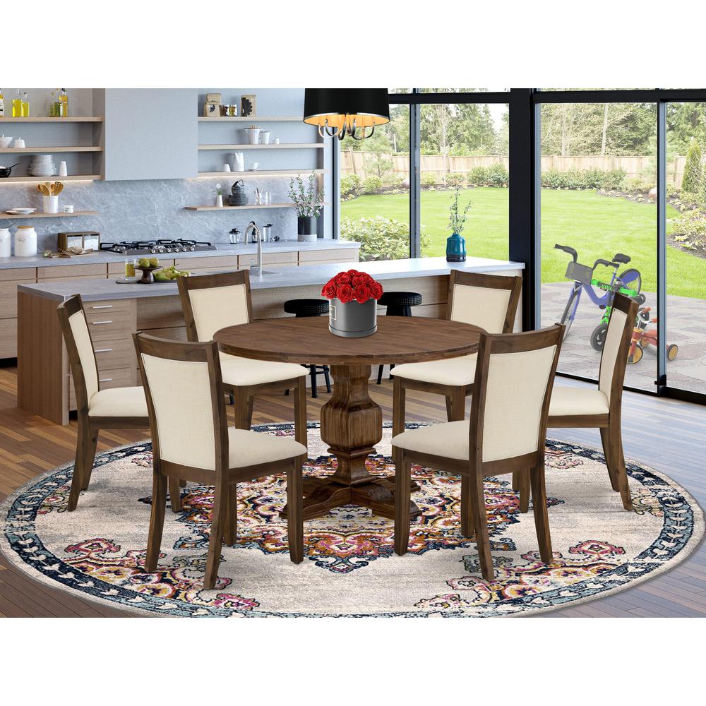 East West Furniture 7-Piece Dining Set - A Gorgeous Kitchen Table and 6 Attractive Light Beige Linen Fabric Wood Dining Chairs with Stylish High Back (Sand Blasting Antique Walnut Finish). Picture 2