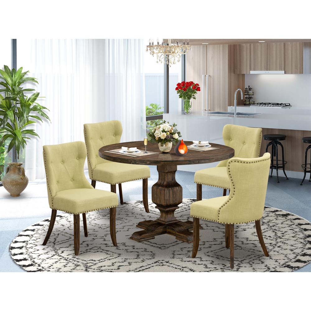 East West Furniture 5-Pc Modern Dining Table Set - Dining Table and 4 Limelight Color Parson Modern Chairs with Button Tufted Back - Distressed Jacobean Finish. Picture 2