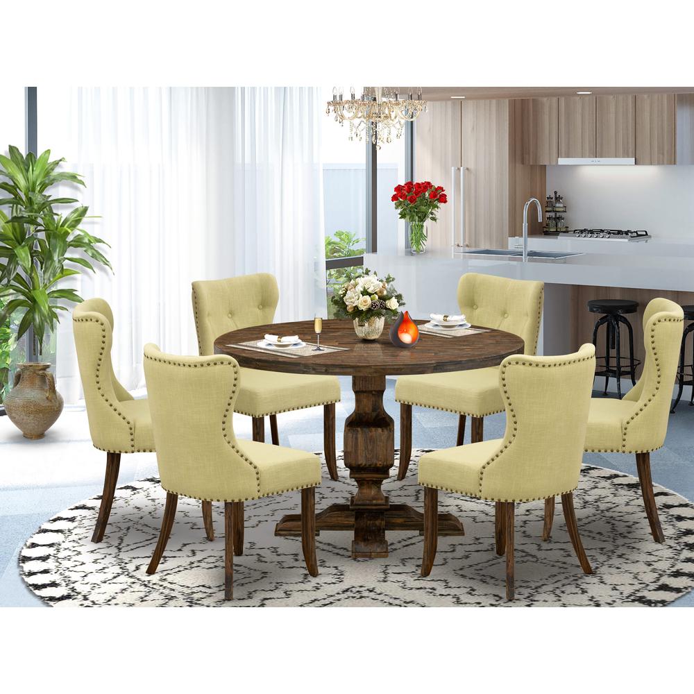 East West Furniture 7-Piece Dining Table Set - Modern Dining Table and 6 Limelight Color Parson Dining Room Chairs with Button Tufted Back - Distressed Jacobean Finish. Picture 2