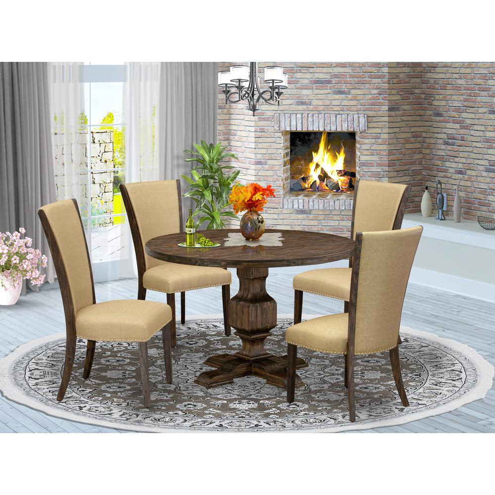 East West Furniture 5-Piece Modern Dining Set - Dining Table and 4 Brown Color Parson Padded Chairs with High Back - Distressed Jacobean Finish. Picture 2