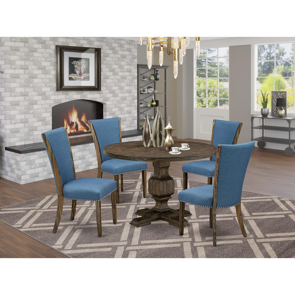 East West Furniture 5-Pc Kitchen Dining Table Set - Round Modern Dining Table and 4 Blue Color Parson Wood Dining Chairs with High Back - Distressed Jacobean Finish. Picture 2