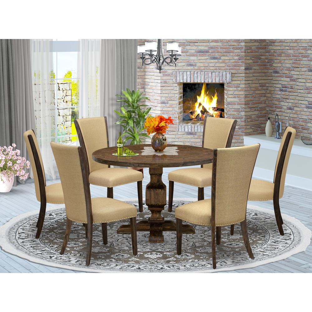 East West Furniture 7 Piece Dining Set Wooden Dining Table and 6 Brown Parson Kitchen Chairs with High Back Distressed Jacobean Finish