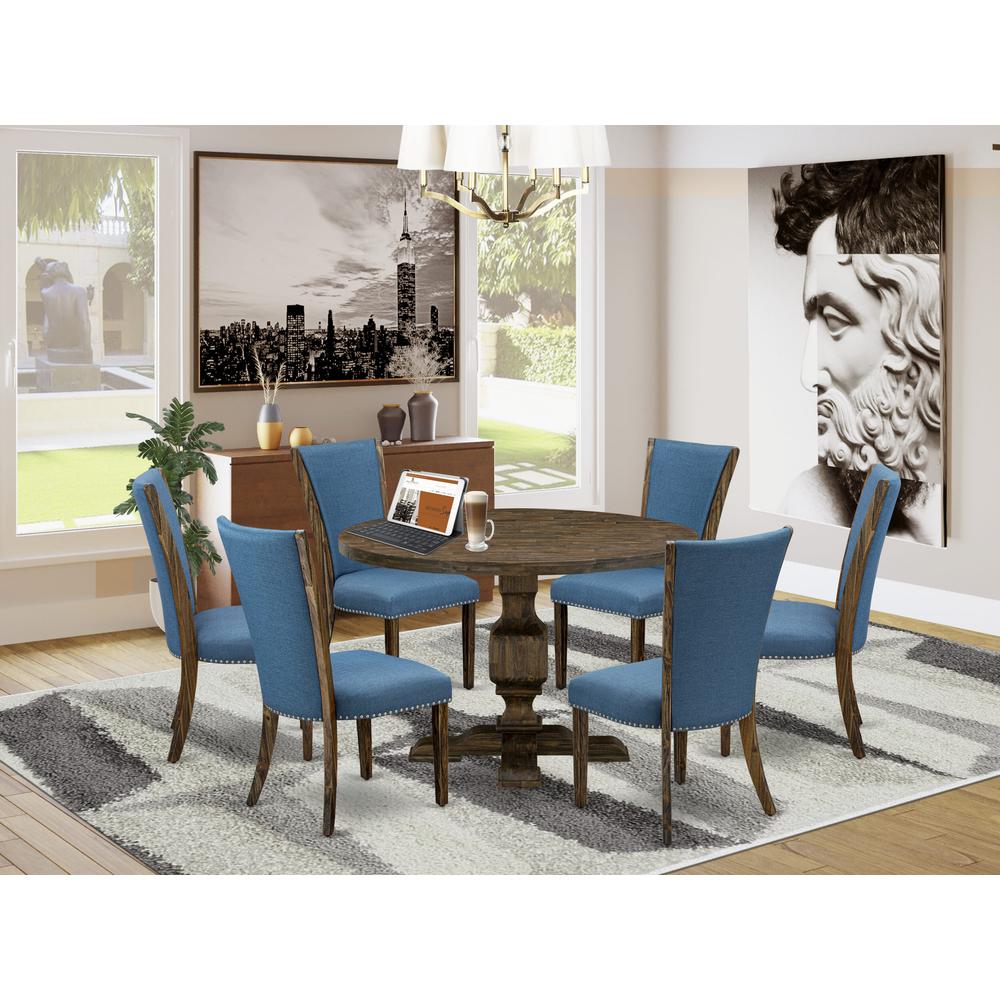 East West Furniture 7-Pc Dining Room Table Set - Dinner Table and 6 Blue Color Parson Dining Chairs with High Back - Distressed Jacobean Finish. Picture 2
