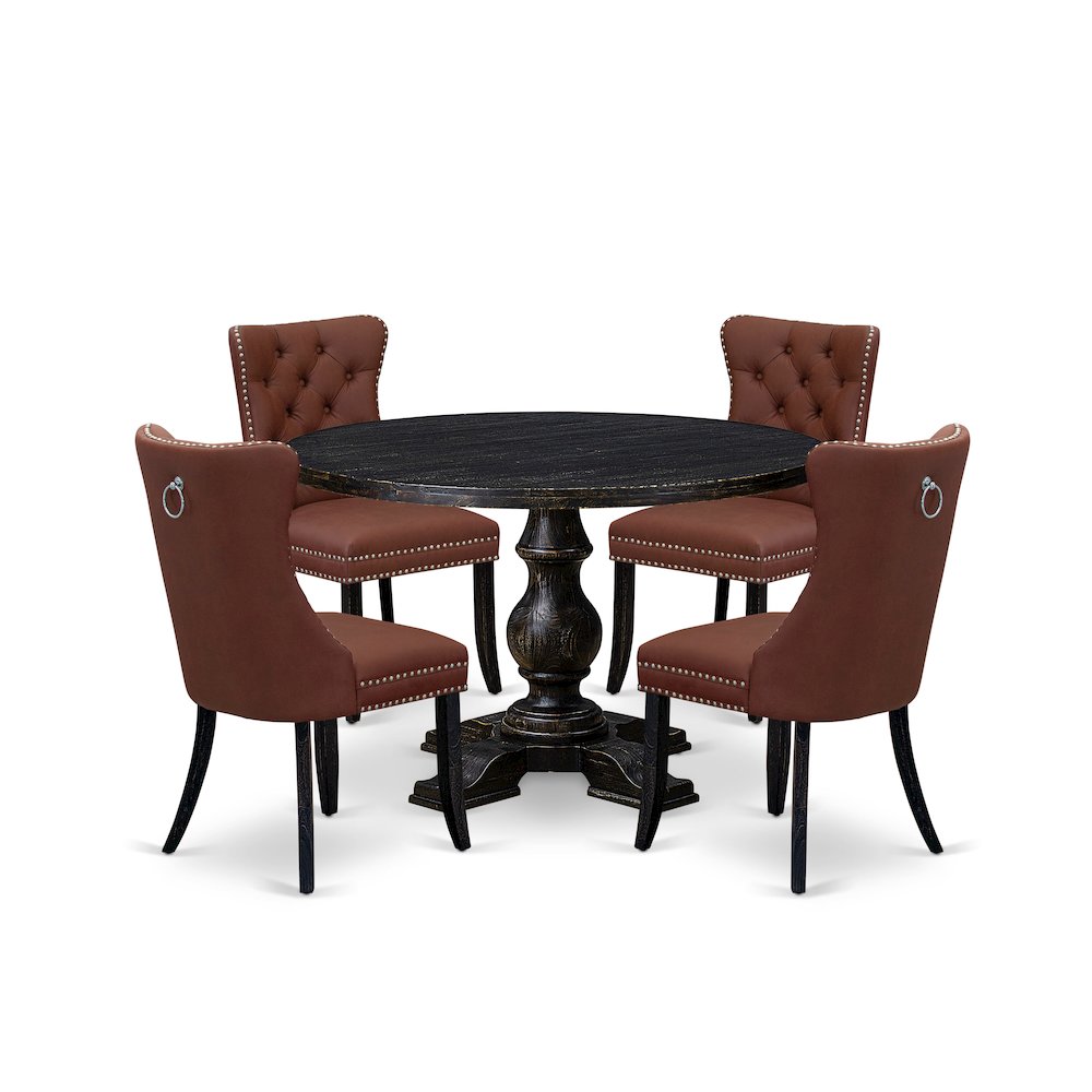 5 Piece Dining Table Set Consists Of 48" Round Table In Burgandy Color. Picture 1