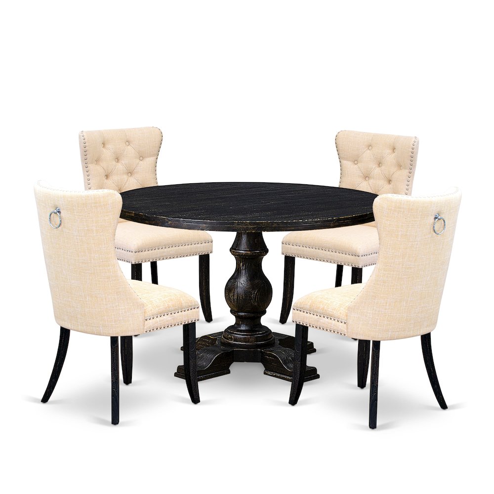 5-Pc Dinner Table Set A Wood Table, 4 Light Beige Linen Fabric Kitchen Chairs. Picture 1