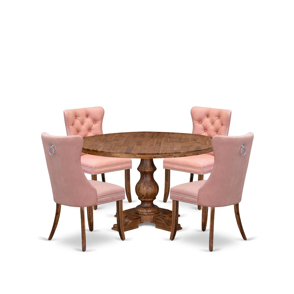 5-Pc Modern Dining Table Set Contain A Wooden Table, 4 Beige Red Padded Chairs. Picture 1