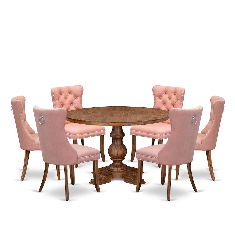 7-Pc Modern Dining Set Include A Table And 6 Beige Red Upholstered Dining Chairs. Picture 1