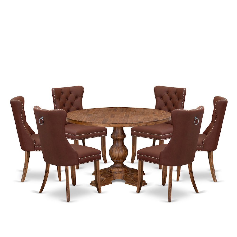 7-Pc Dining Table Set Include A Modern Table And 6 Burgundy Upholstered Chairs. Picture 1