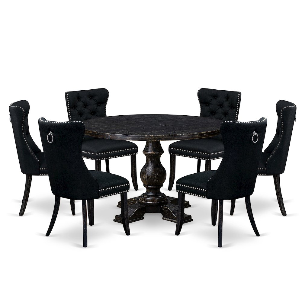 7-Piece Dining Table Set Of A Wood Table, 6 Black Linen Fabric Dining Chairs. Picture 1