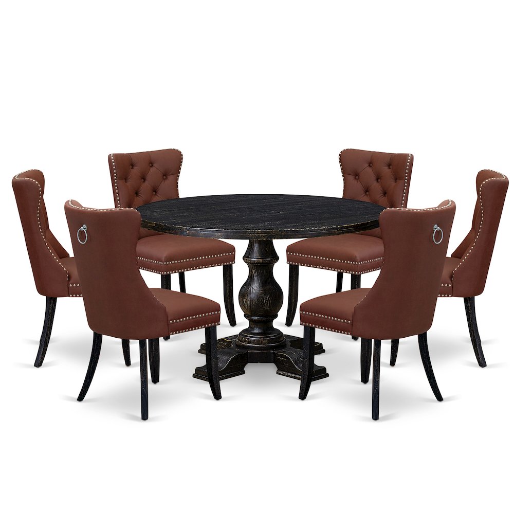 7 Piece Dining Table Set Contains 48" Round Table In Burgandy Color. Picture 1
